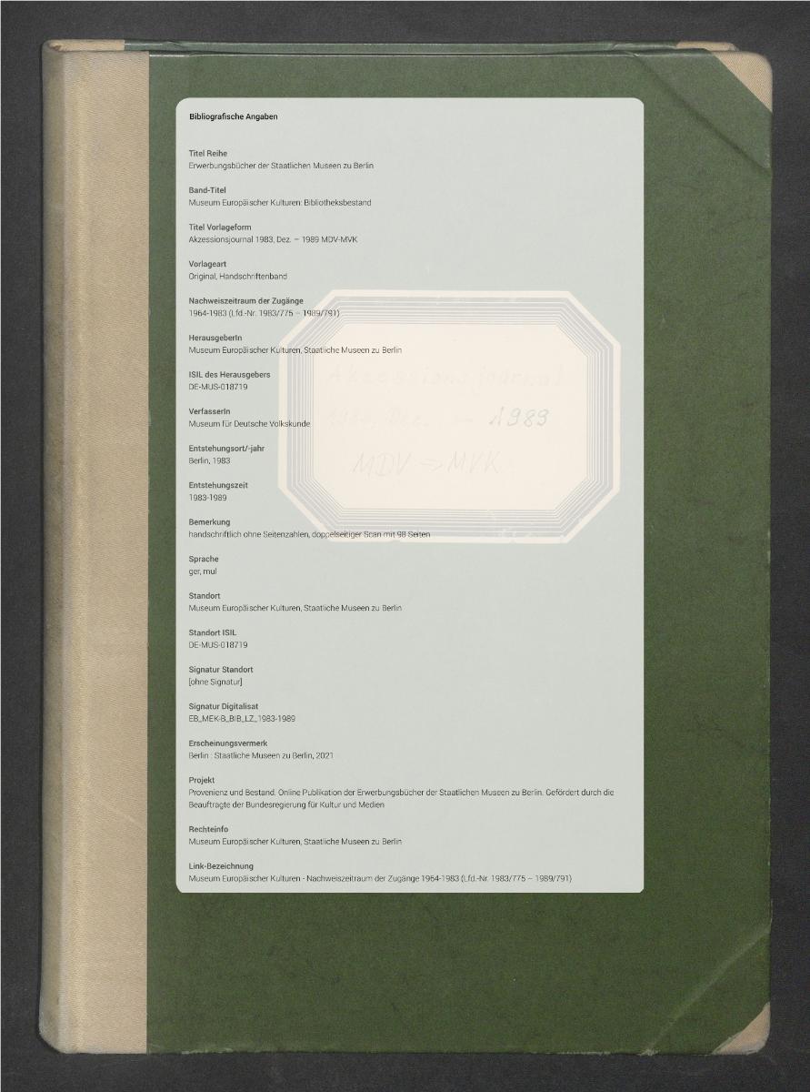 Akzessionsjournal 1983, Dez. – 1989 MDV-MVK