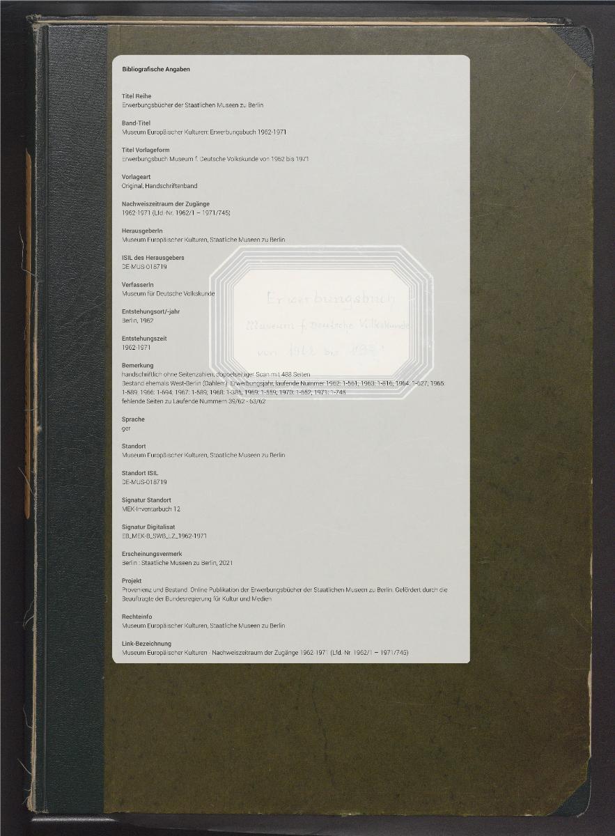Erwerbungsbuch Museum f. Deutsche Volkskunde von 1962 bis 1971