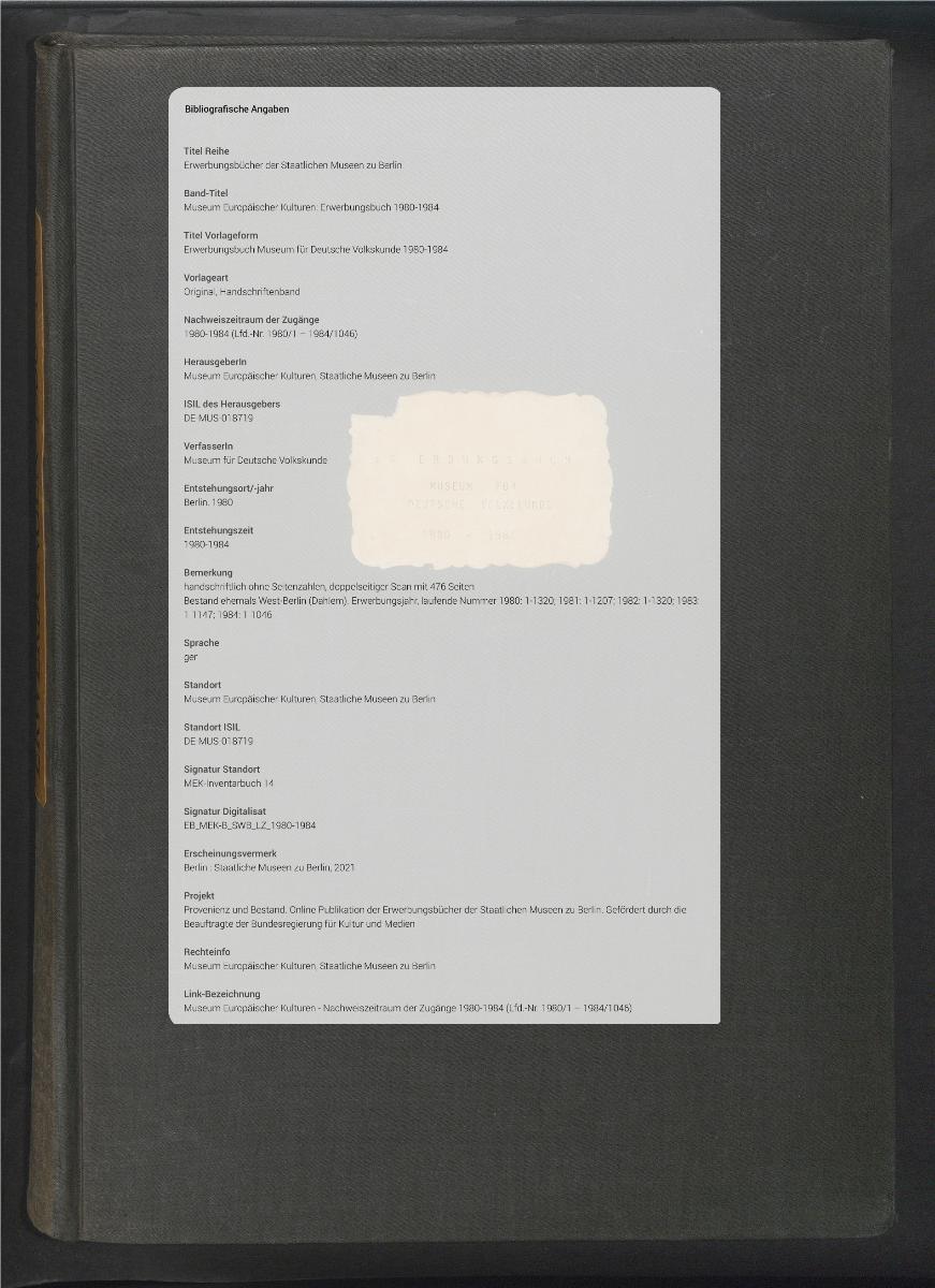 Erwerbungsbuch Museum für Deutsche Volkskunde 1980-1984