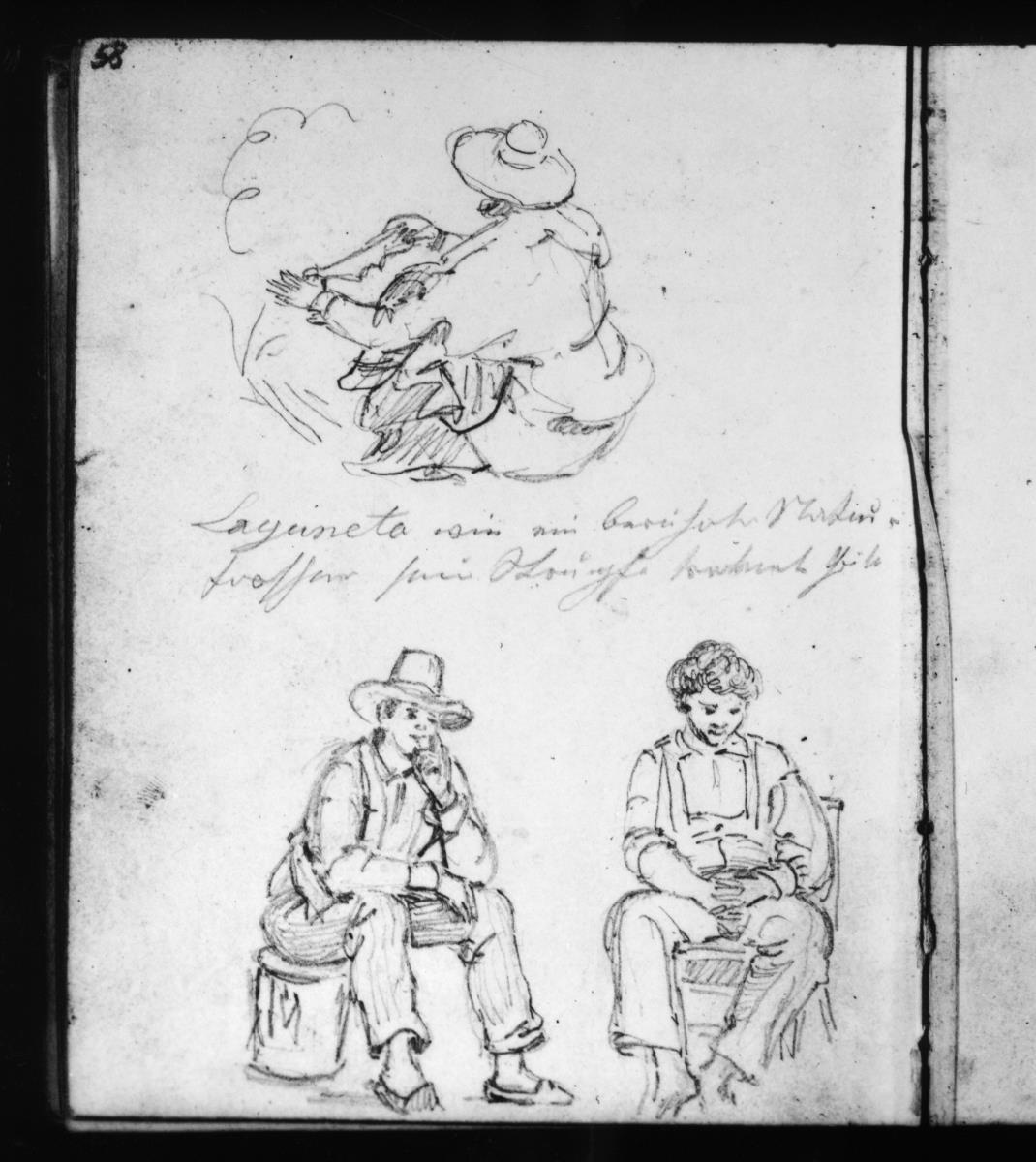 Karl Moritz vor einem Feuer sitzend, von schräg hinten sowie zwei weitere sitzende Männer, bei Laguneta