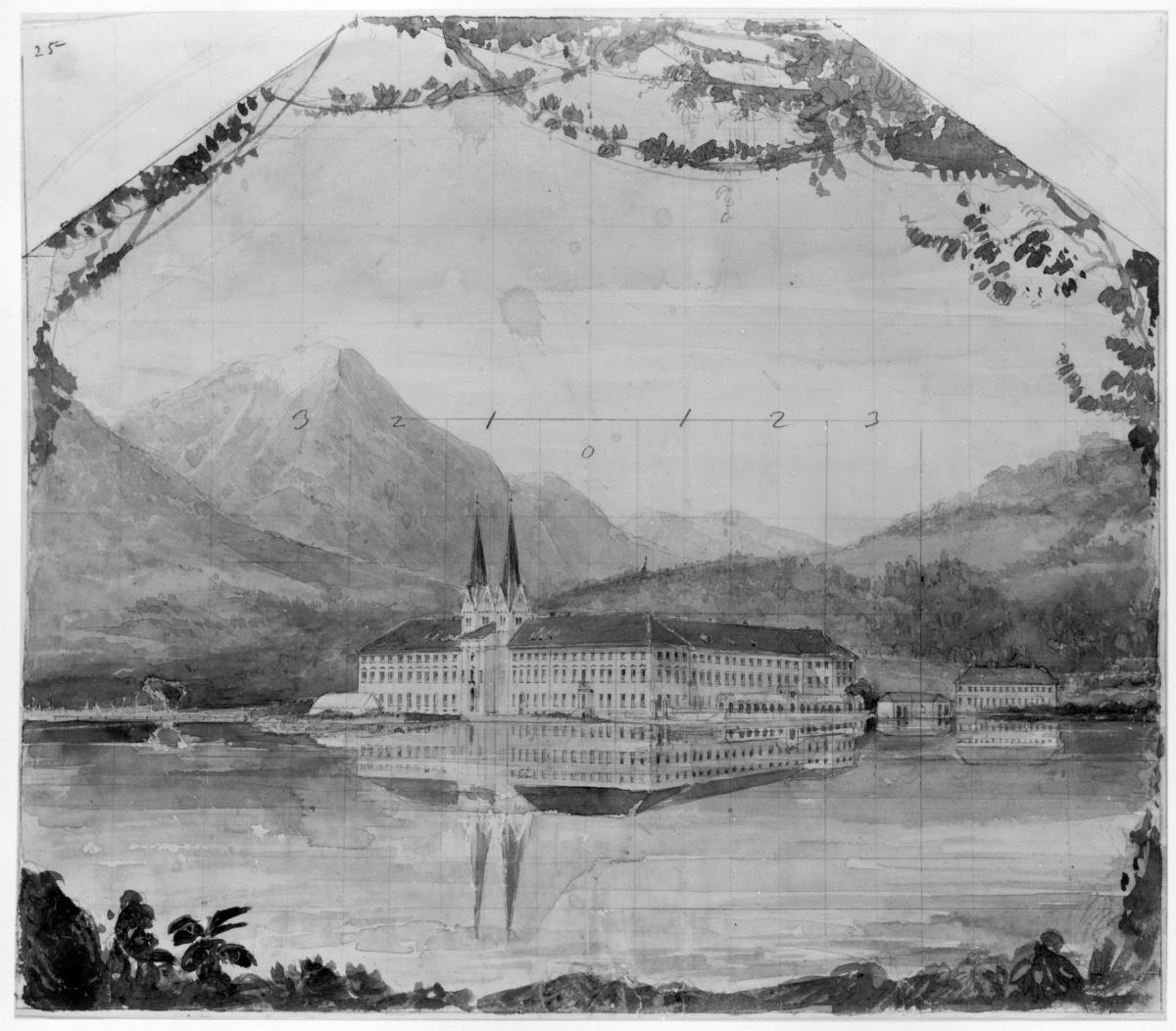 Kloster an einem See in einer Berglandschaft - Entwurf für eine Theaterdekoration / Kloster Tegernsee