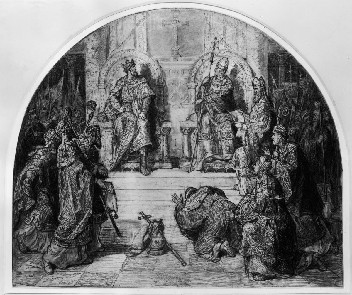 Streit um die Investitur zwischen Heinrich V und Papst Paschalis II im Jahr 1111. Wandbildentwurf für das Kaiserhaus in Goslar