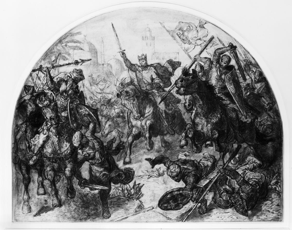 Kaiser Friedrich Barbarossa in der Schlacht bei Ikonium im Jahr 1190. Wandbildentwurf für das Kaiserhaus in Goslar