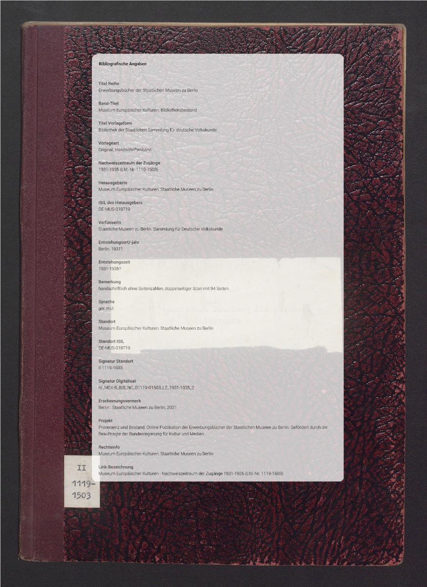 Bibliothek der Staatlichen Sammlung für deutsche Volkskunde