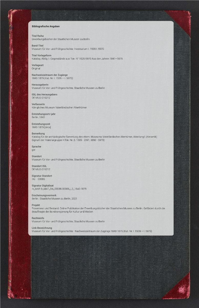 Katalog. Abtlg. I. Gegenstände aus Ton. N° 1525-5970 Aus den Jahren 1841–1879