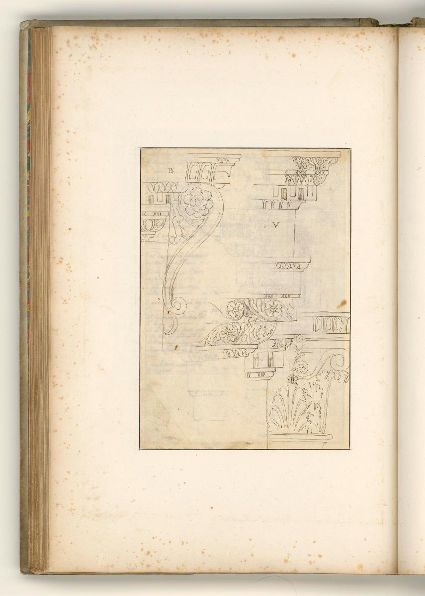 Rom, Sant Urbano alla Cafarella, Aufriss einer mit kollosaler Pilasterordnung und Giebel versehenen Fassade; Verso: Kapitell, Fensterstützen