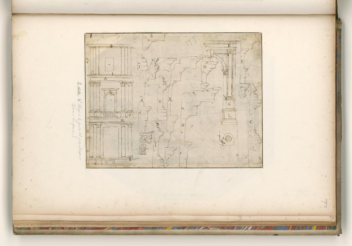 Rom, Aufriss eines Jochs an der Fassade der Chigi-Kapelle, Details der Ordnung und Aufriss; Verso: Kuppelbau