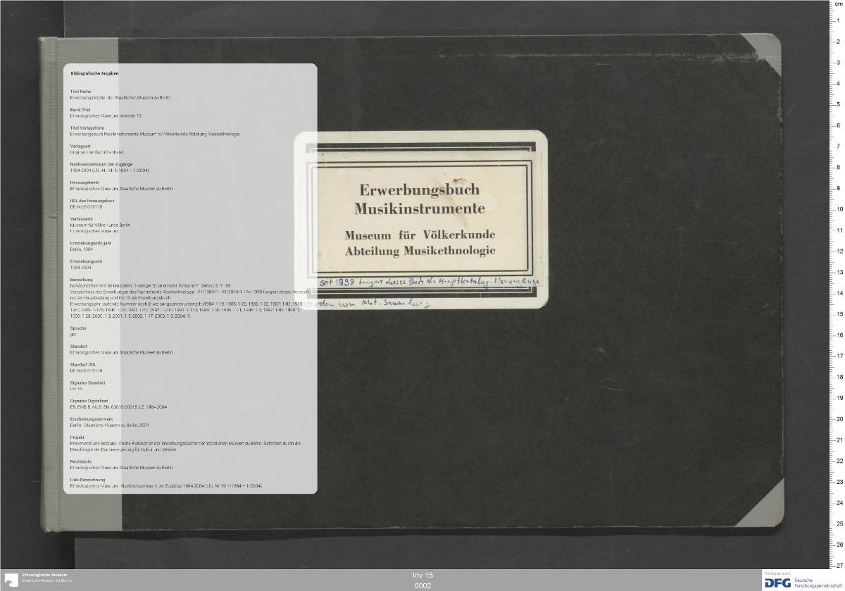 Erwerbungsbuch Musikinstrumente Museum für Völkerkunde Abteilung Musikethnologie