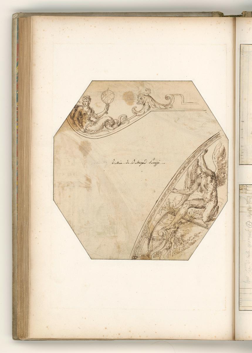Entwurf für Decken- und Wandmalerein mit Stuckrahmen, weitere ornam. Darstellungen; Verso: Entwurf für Deckenmalerei, Darstellung des Chronos und weiblicher Figur mit Kugel