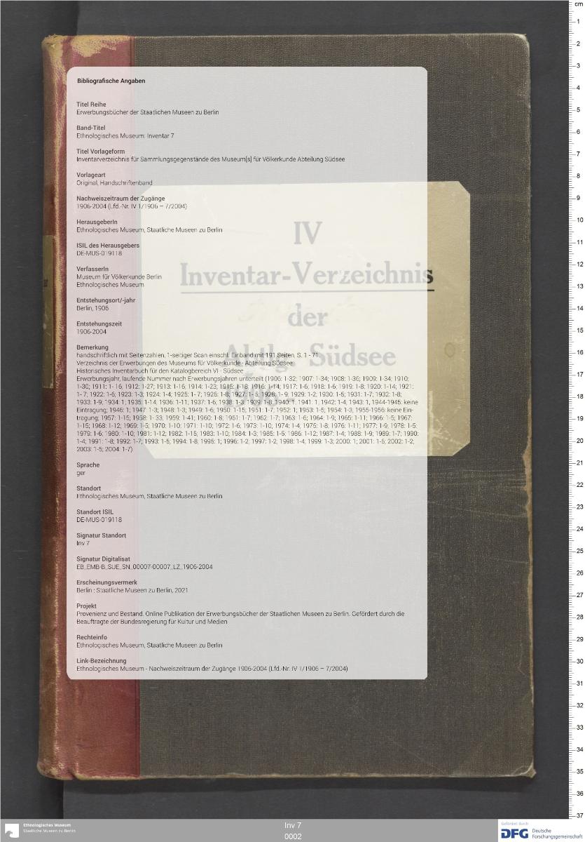 Inventarverzeichnis für Sammlungsgegenstände des Museum[s] für Völkerkunde Abteilung Südsee