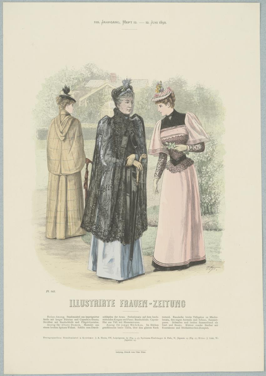 Illustrirte Frauen-Zeitung: Reiseanzug mit Staubmantel, Anzug für ältere Damen