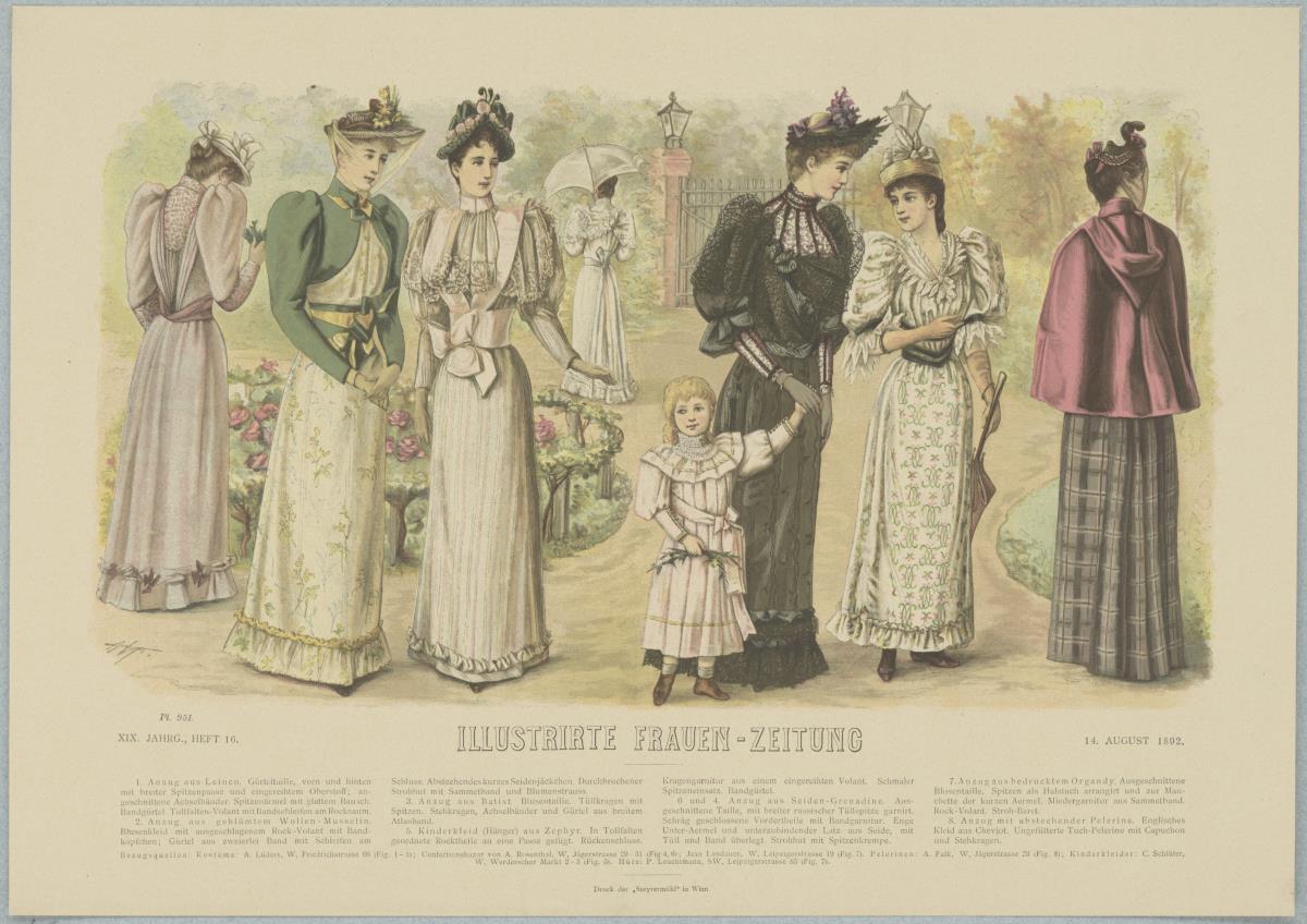 Illustrirte Frauen-Zeitung: sechs Anzüge für Damen und ein Kinderkleid