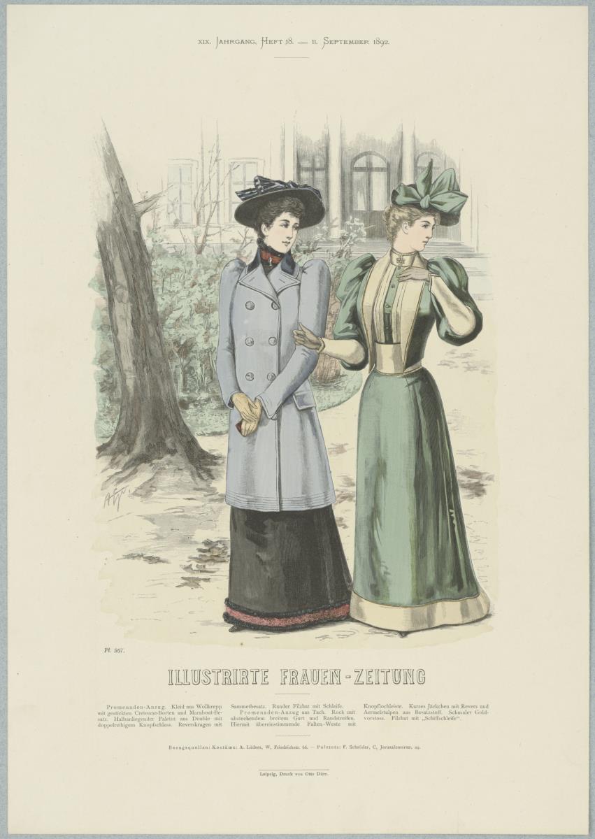 Illustrirte Frauen-Zeitung: zwei Promenaden-Anzüge mit Filzhüten