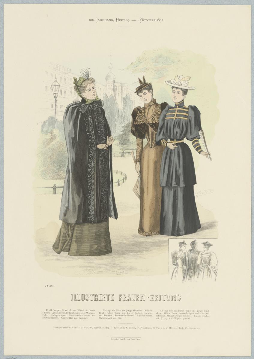 Illustrirte Frauen-Zeitung: halblanger Mantel für ältere Damen, Anzug mit Falten-Taille und Anzug mit russischer Bluse