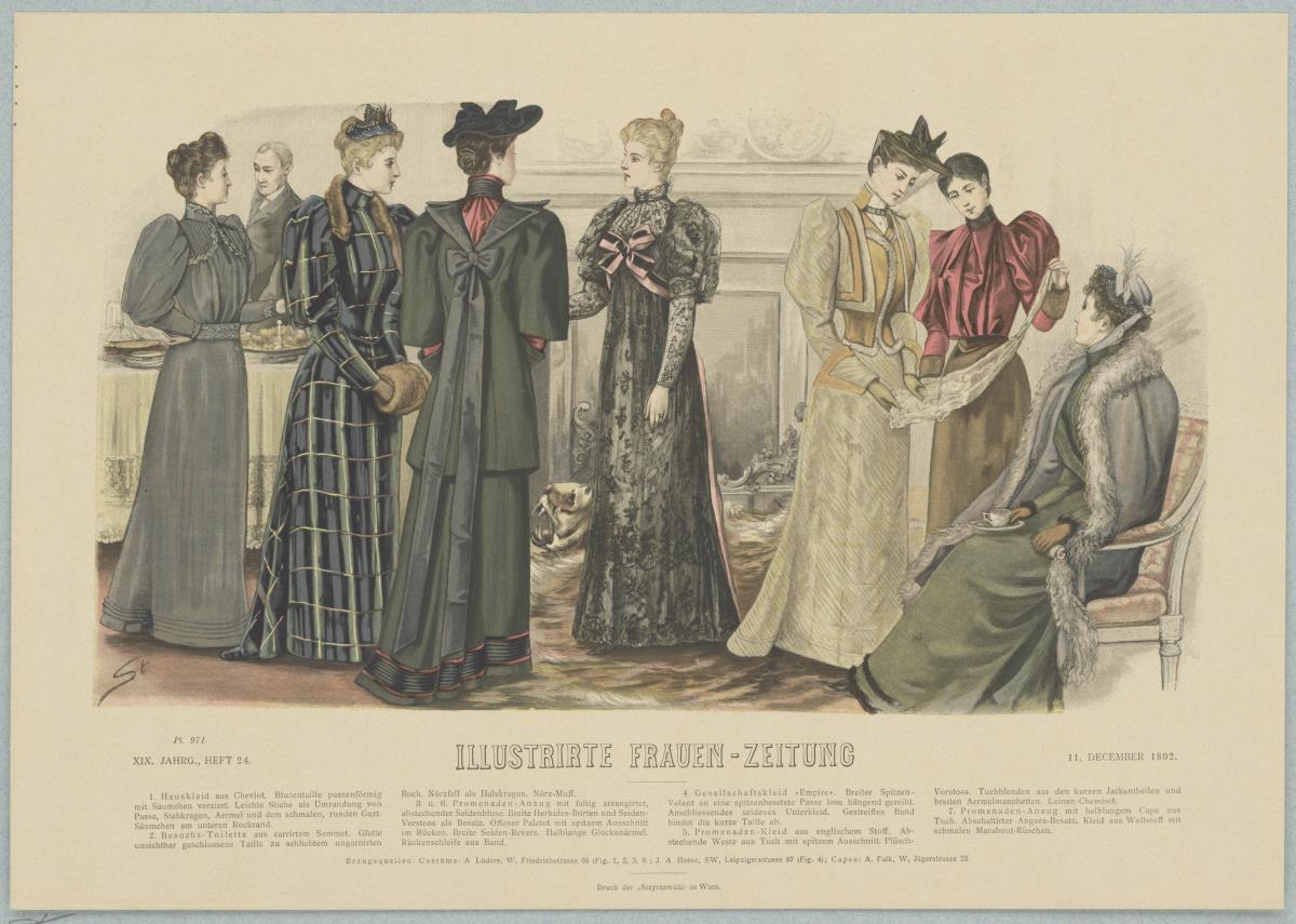 Illustrirte Frauen-Zeitung: Hauskleid, Besuchs-Toilette, Gesellschaftskleid, Promenaden-Kleid und zwei Promenaden-Anzüge