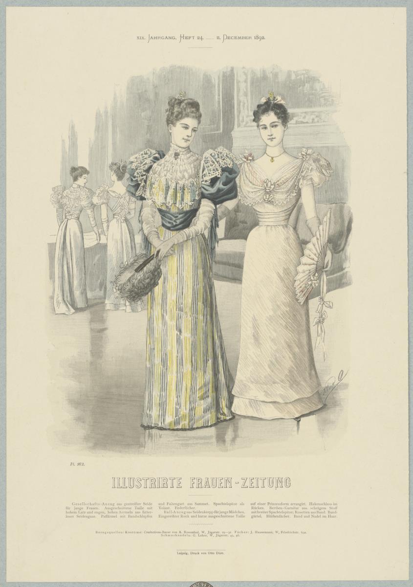 Illustrirte Frauen-Zeitung: Gesellschafts-Anzug mit Puffärmeln und Ball-Anzug mit Bandgürtel