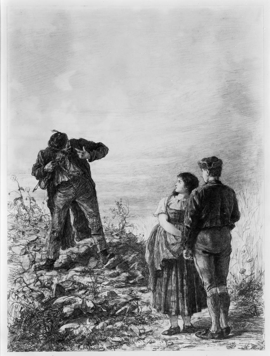 Der schwarze Geiger auf dem Steinhaufen vor Vrenchen und Sali