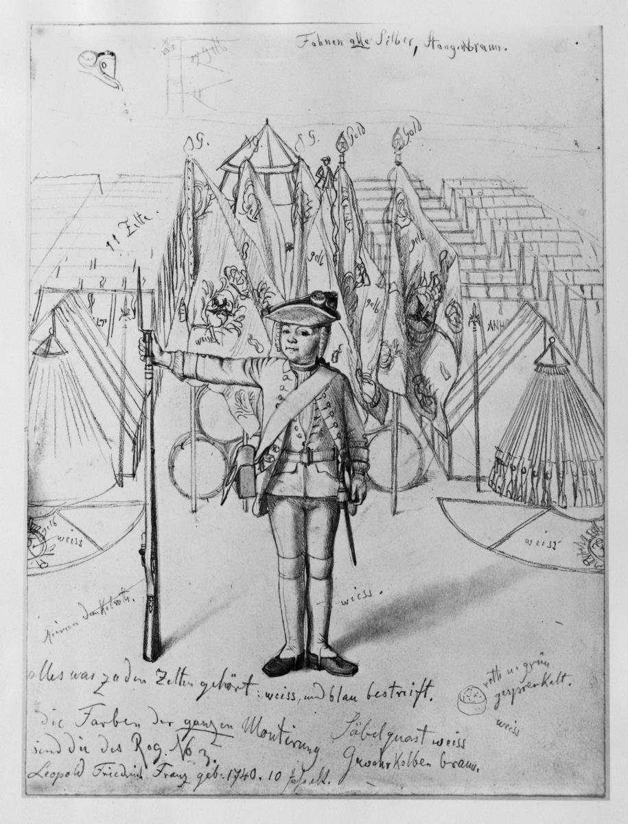 Leopold Friedrich Franz Prinz von Dessau vor einem Bataillonslager aus dem Siebenjährigen Krieg. Enkel des Fürsten Leopold, als 10jähriger Knabe, eingekleidet zum ersten Dienst im Regiment des Großvaters