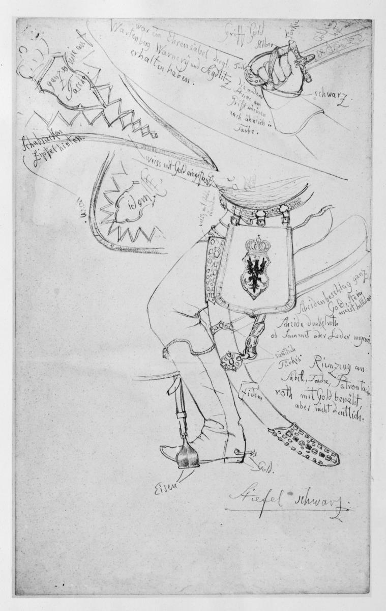 Uniform und Waffen. Detailstudie nach dem Gemälde des Hartwig Karl von Wartenberg, General und Chef des Husarenregiments Nr. 3