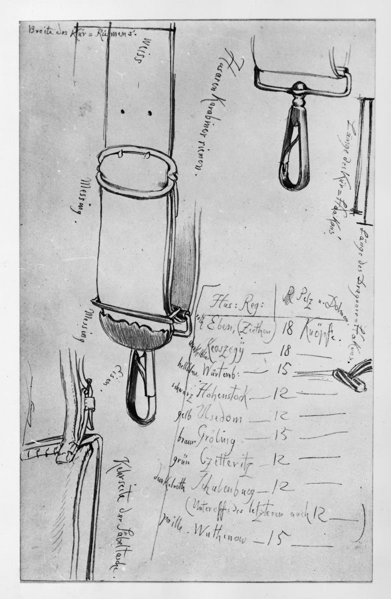 Detailstudien von Husaren-Karabinerriemen, Kürassier- und Dragonerhaken, Kehrseite der Säbeltasche mit Notizen