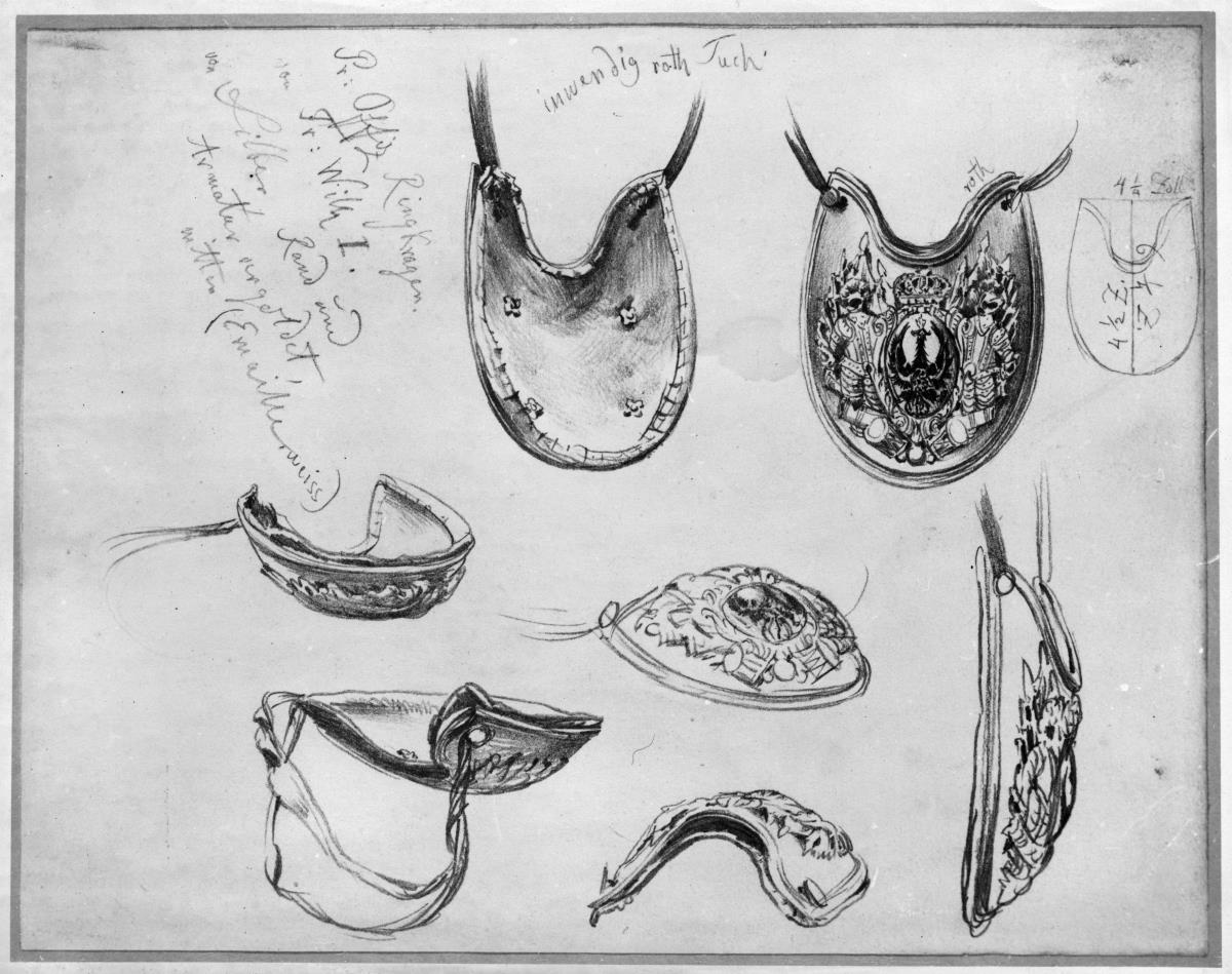 Ringkragen mit Armatur des Offiziers aus der Zeit Friedrich Wilhelms I. in acht Studien mit Notizen und Maßangaben