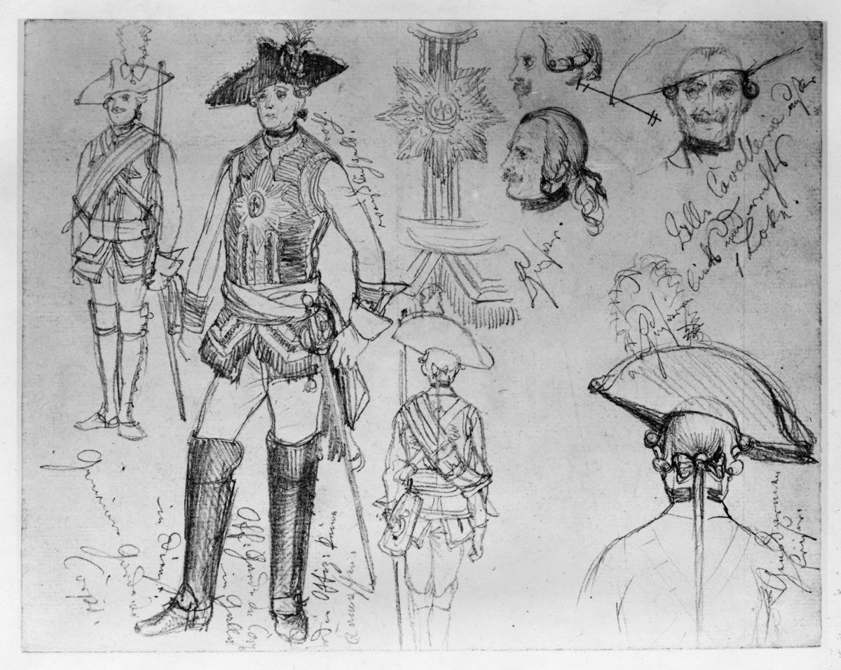 Offizier und zwei Gemeine der Garde du Corps, Gensd'armes- Kavallerie- und Husarenfrisur, mit Notizen
