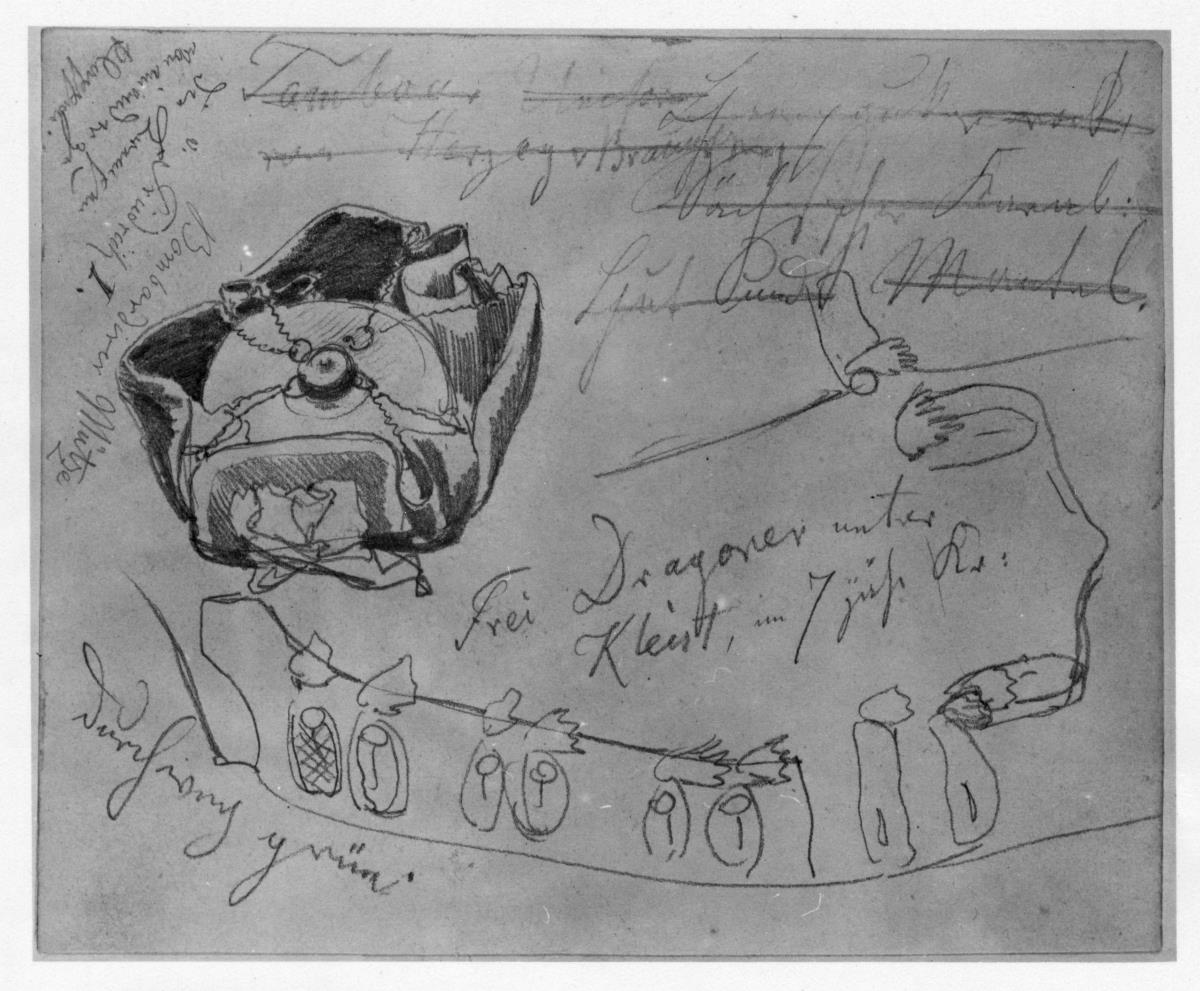 Bombardierer-Mütze aus der Zeit König Friedrichs I, Waffenrock, mit Notizen