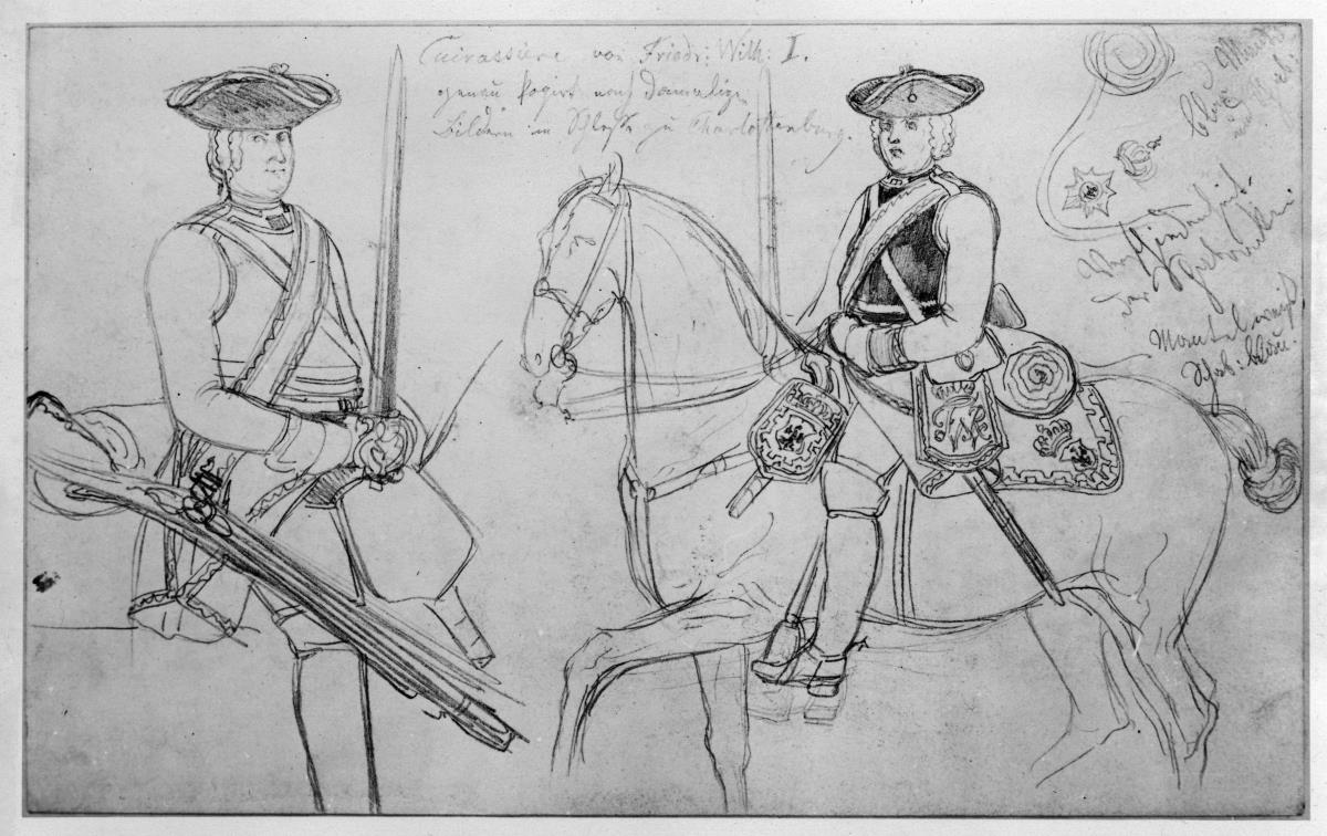 Zwei Kürassiere aus der Zeit Friedrich Wilhelms I. im Sattel, Detail der Schabracke, mit Notizen