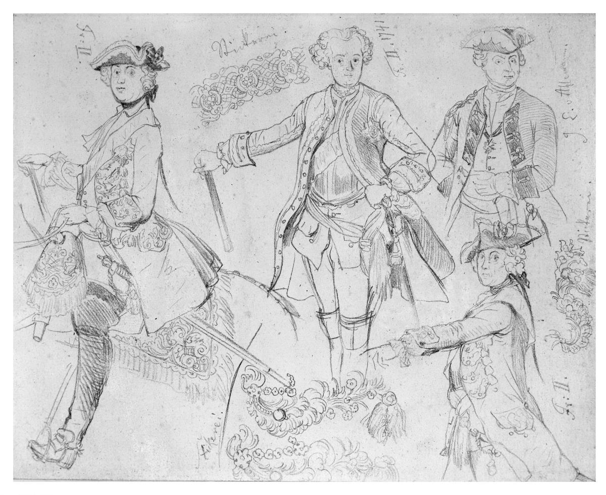 J.E. von Ahlemann, Halbfigur en face, Friedrich II. in drei Bildnissen, Details von Stickereien, mit Notizen
