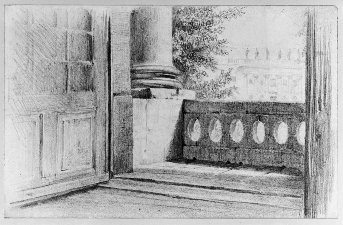 Blick aus der Königlichen Bibliothek auf den Mittelrisalit der östlichen Laufseite der Oper in Berlin