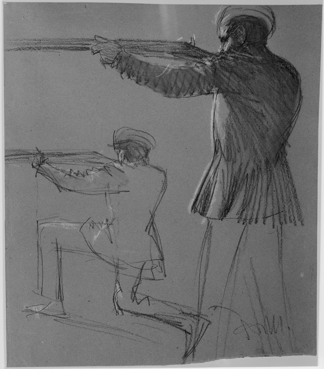Zwei Studien eines Soldaten mit Gewehr im Anschlag. Modellstudie zu "Friedrich und die Seinen bei Hochkirch"