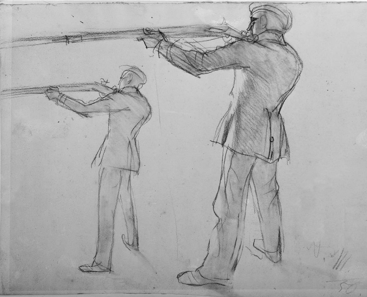 Zwei Studien eines Soldaten mit Gewehr im Anschlag. Modellstudie zu "Friedrich und die Seinen bei Hochkirch"