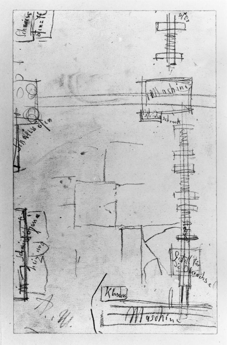 Grundriss eines Maschinenraums. Studie zum "Eisenwalzwerk. Moderne Cyklopen"