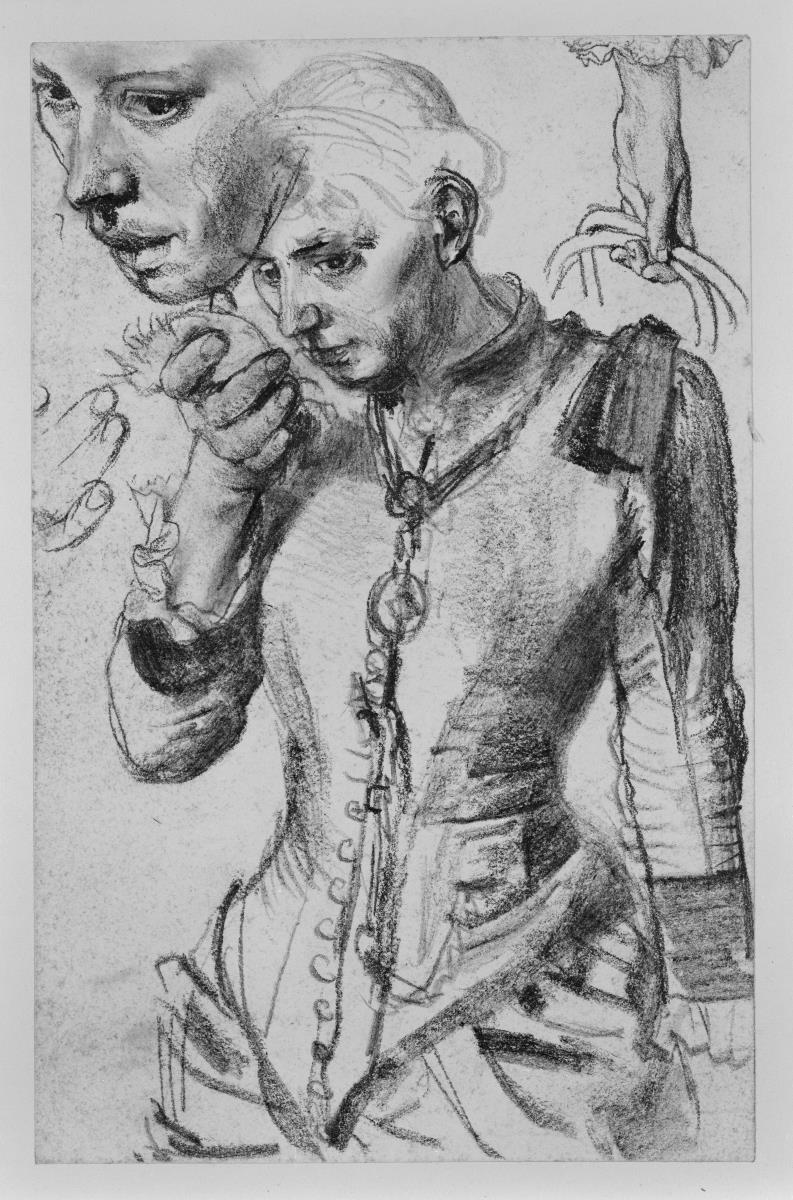 Frau mit totem Vogel in der erhobenen Hand, Halbfigur nach links