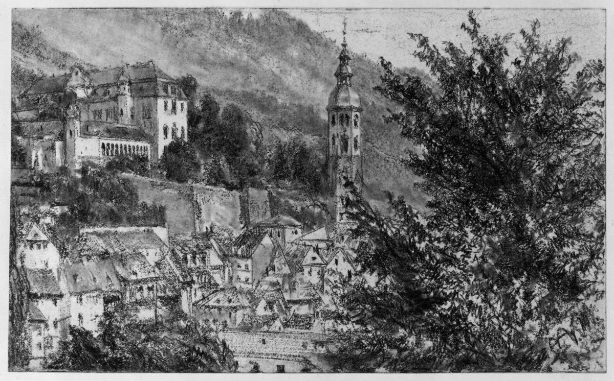 Blick über die Dächer von Baden-Baden auf den Turm der Stiftskirche und das Neue Schloss