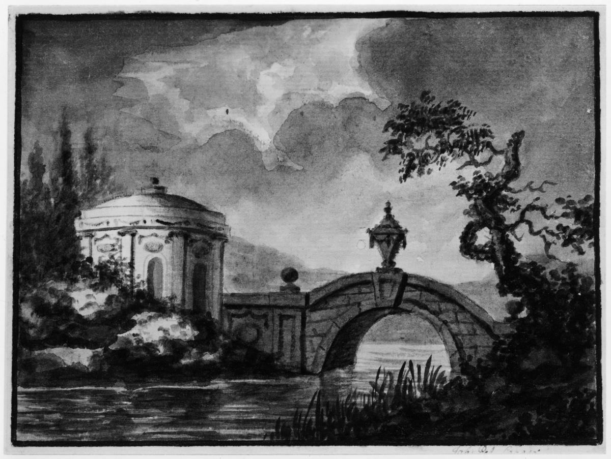 Landschaft mit Brücke und Rundtempel