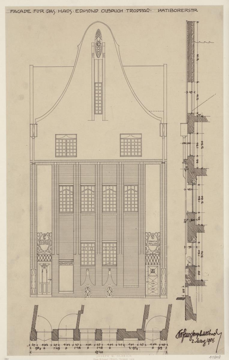 Troppau, Haus Edmund Olbrich, Aufriss, Grundriss und Vertikalschnitt der Fassade