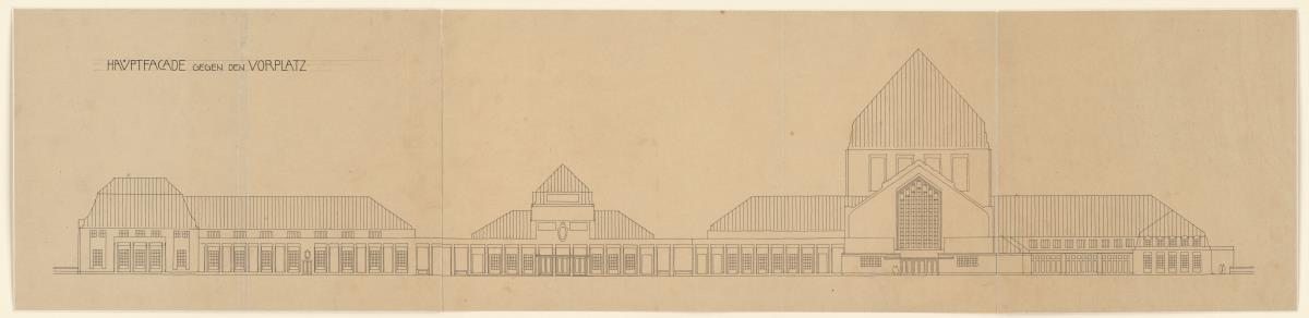 Darmstadt, Projekt Bahnhofsgebäude, Aufriss der Hauptfassade mit allen Nebengebäuden