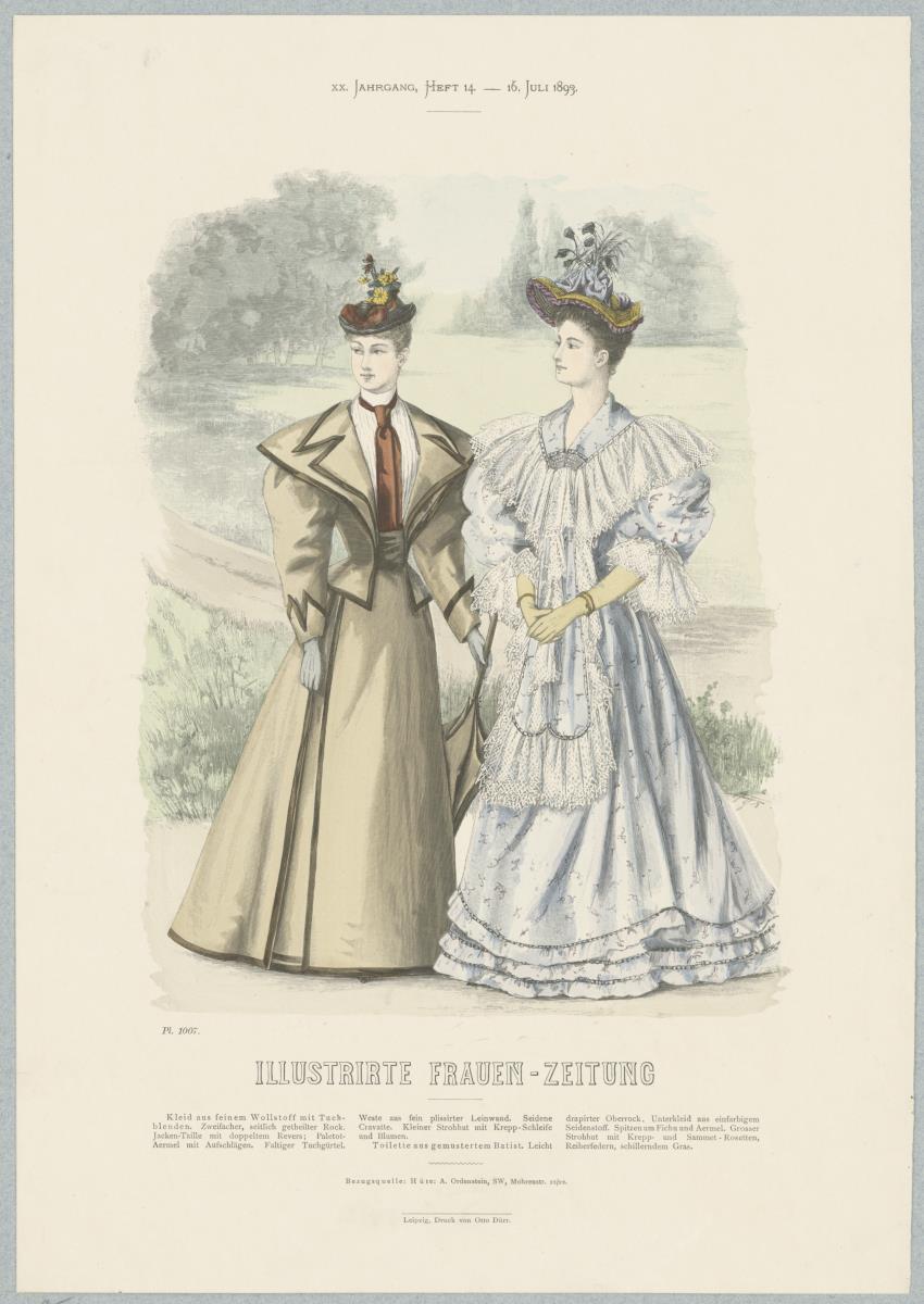 Illustrirte Frauen-Zeitung: Kleid mit Jacken-Taille und Toilette mit leicht drapiertem Oberrock
