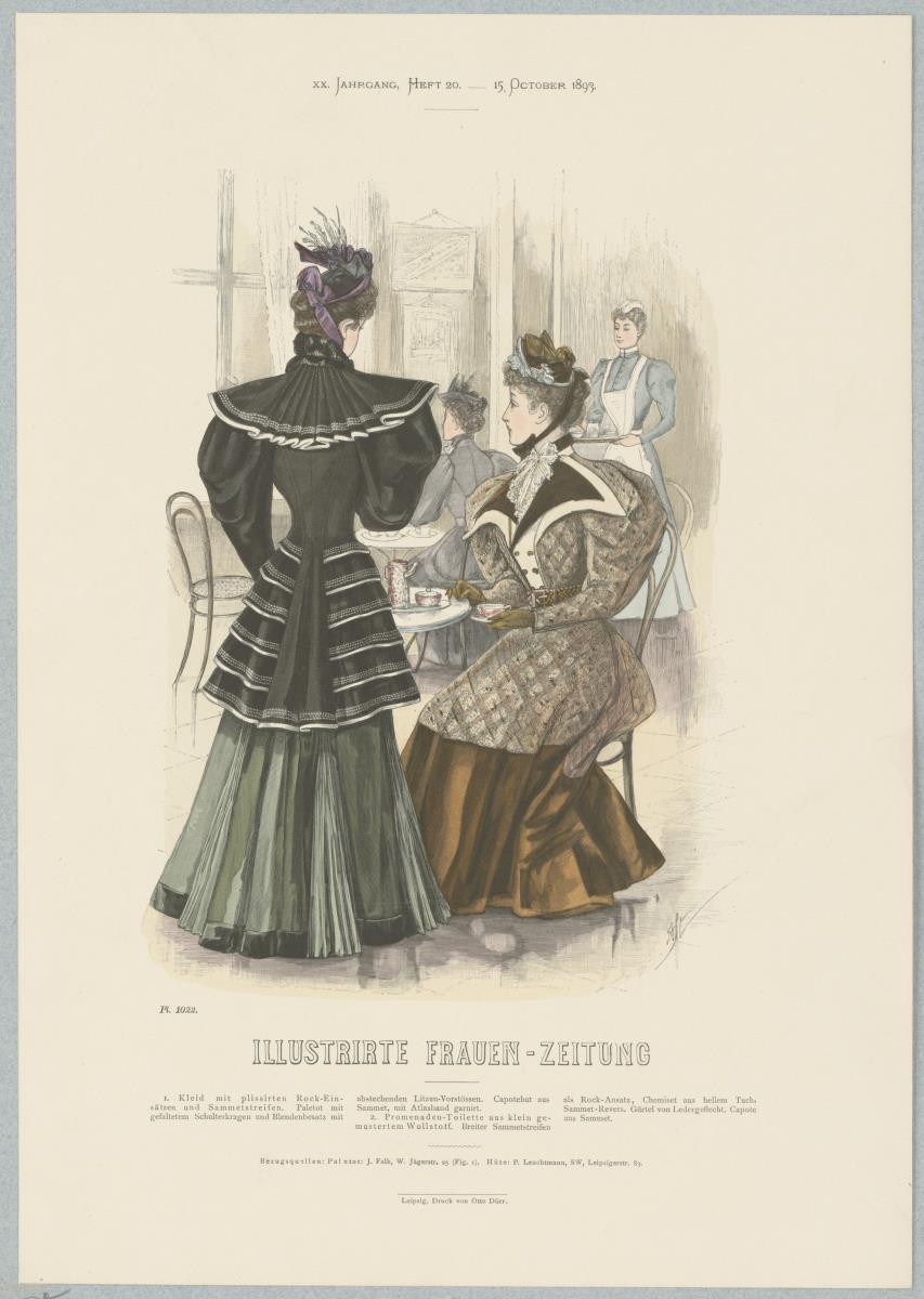 Illustrirte Frauen-Zeitung: Kleid mit Paletot und Promenaden-Toilette mit Chemiset