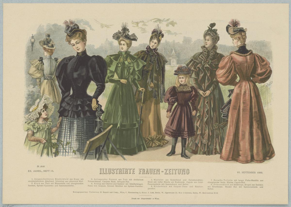 Illustrirte Frauen-Zeitung: Kinderkleider, Besuchs-Toilette mit langer Fichu-Mantille, Prinzesskleid