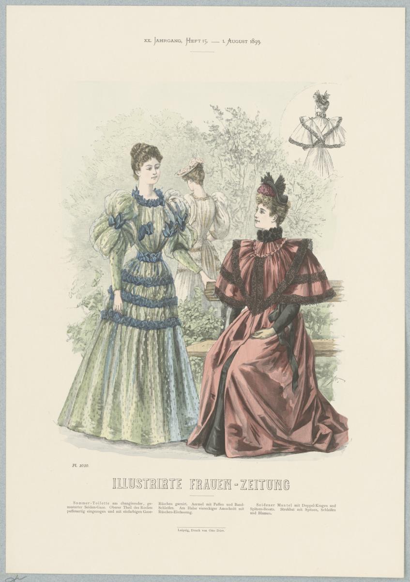 Illustrirte Frauen-Zeitung: Sommer-Toilette mit viereckigem Ausschnitt und Mantel mit Doppel-Kragen