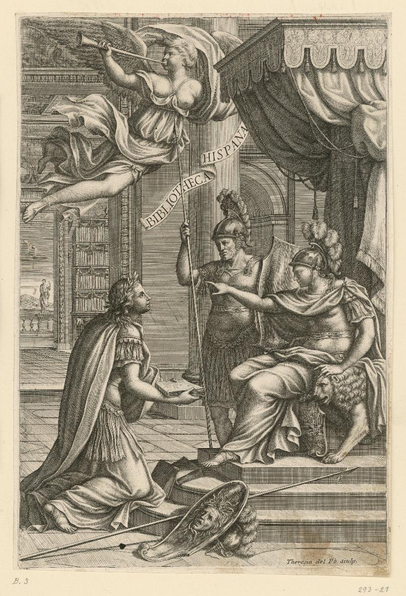 Allegorische Szene: Minerva präsentiert der Personifikation der Spanischen Monarchie ein Buch (Frontispiz für
"Bibliotheca Hispana sive Hispanorum")