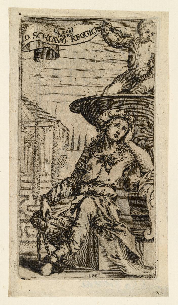 Die Sklavin Dori in Ketten an einem Brunnen (Frontispiz für das Libretto der Oper
"La Dori overo lo Schiavo Reggio" von Antonio Cesti)