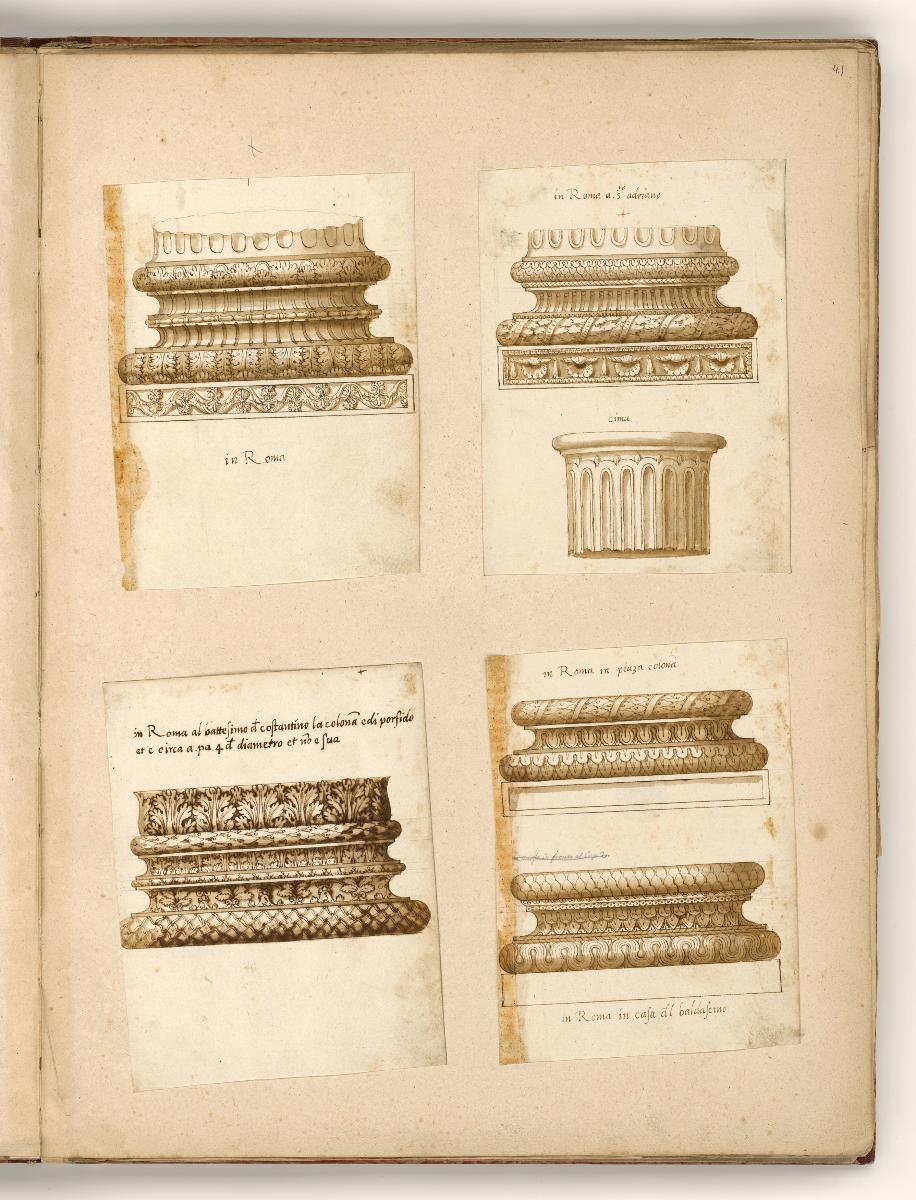 Säulenbasen, u.a. in Rom/ Adriano; oberes Ende eines Säulenschaftes mit Halsring; Schmuckbasis aus dem konst. Lateransbabtisterium; zwei Säulenbasen, die untere im Palazzo Baldassini aufbewahrt