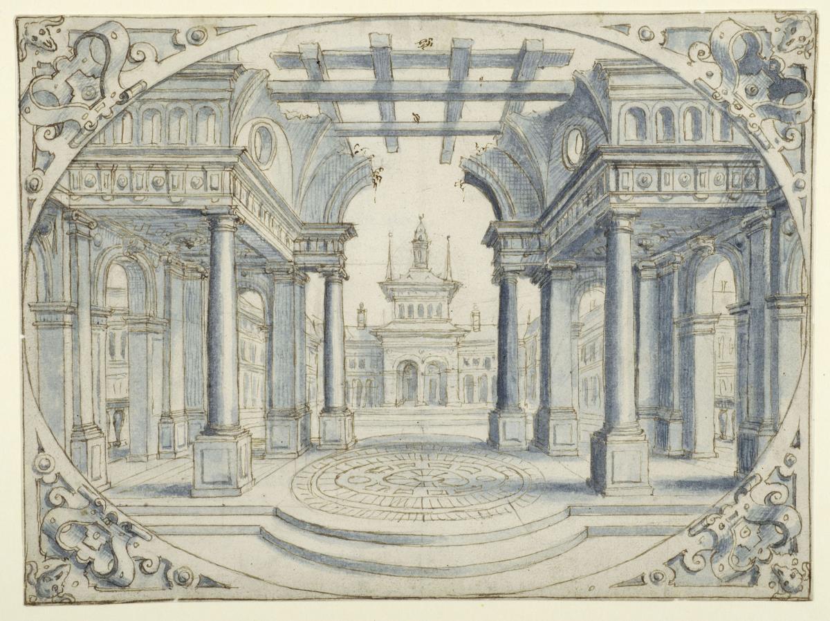 Vorzeichnung zu einer Stichserie "Ovale Intarsienvorlagen", ruinöse Perspektivarchitektur