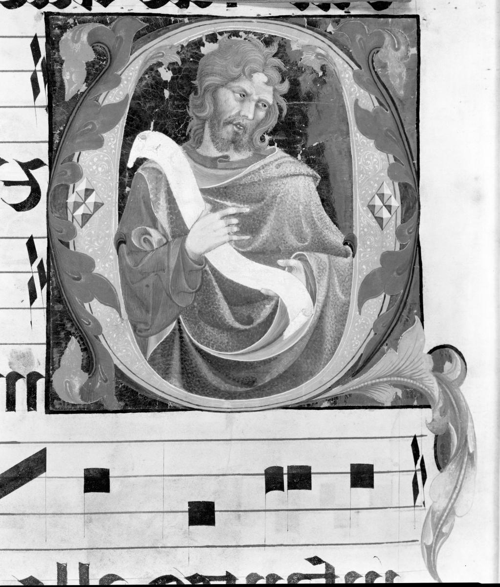 Notenseite mit verzierter Initiale mit Prophetenhalbfigur. In: Graduale aus Murano