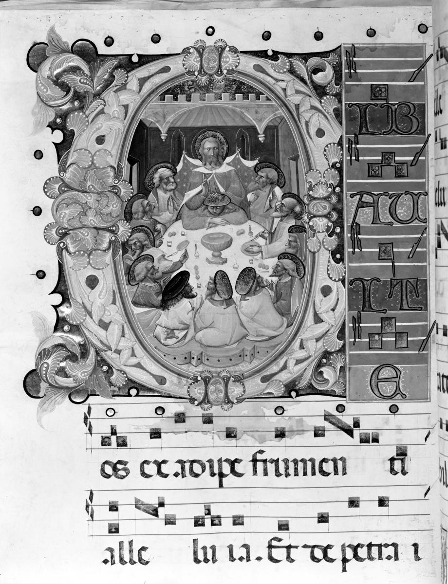 Notenseite mit verzierter Initiale mit Abendmahl. In: Graduale aus Murano