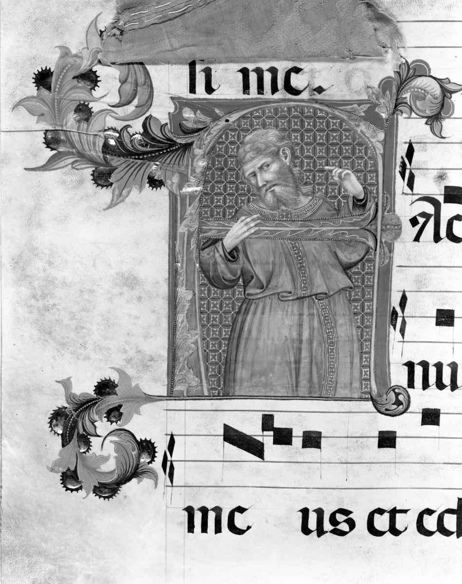 Notenseite mit verzierter Initiale mit Prophetenhalbfigur. In: Graduale aus Murano