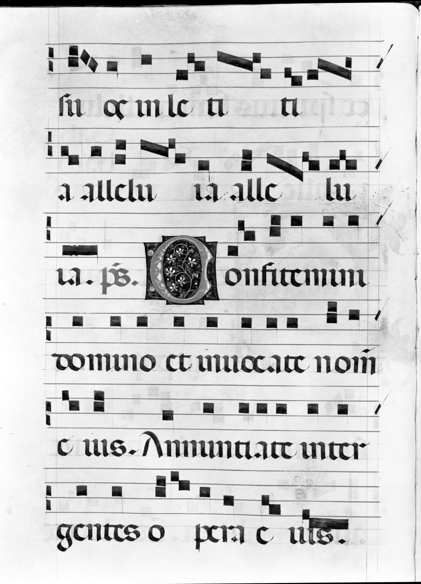 Notenseite mit verzierter Initiale mit Prophetenhalbfigur. In: Graduale aus Murano